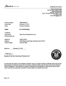 urban sky developments certificate of license